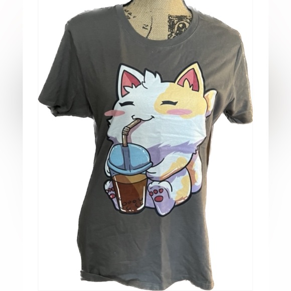 Graphic Tree , Cat T-shirt ,Anime Cat Boba Bubble Kawaii Neko T-Shirt Size L NWT - Picture 1 of 13